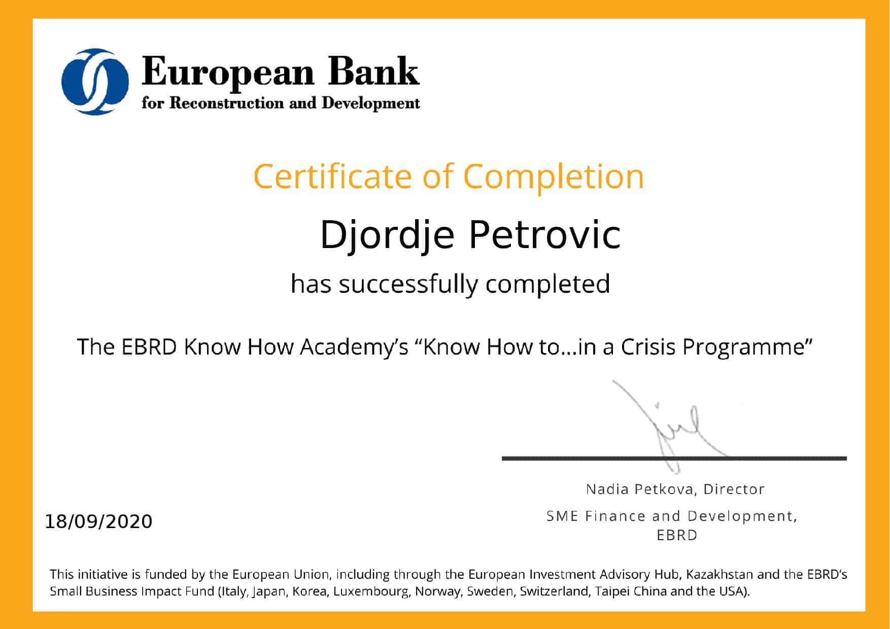 Read more about the article Sertifikat Evropske banke za obnovu i razvoj (EBRD)
